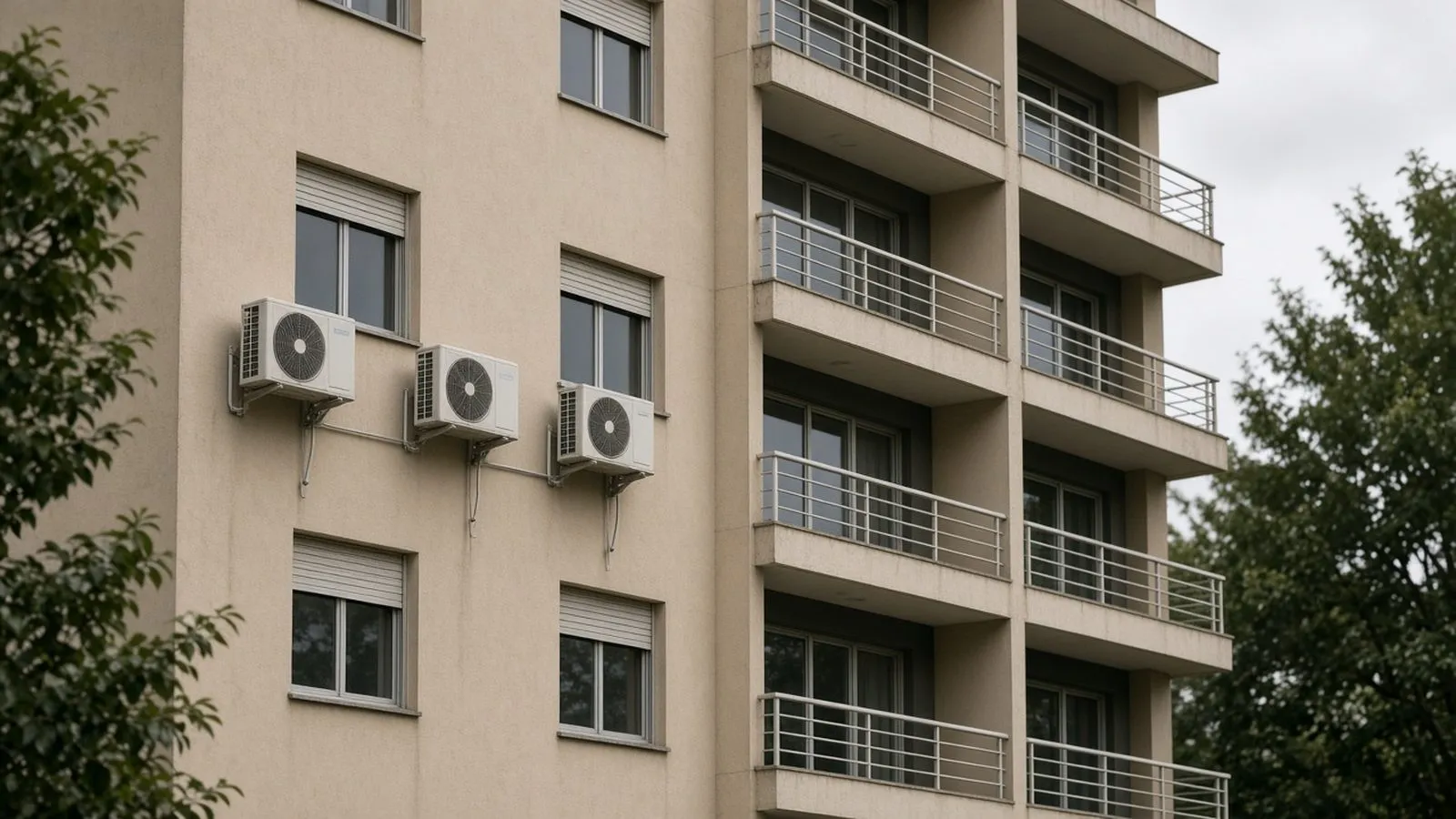 Fachada de prédio com condensadoras brancas alinhadas em suportes