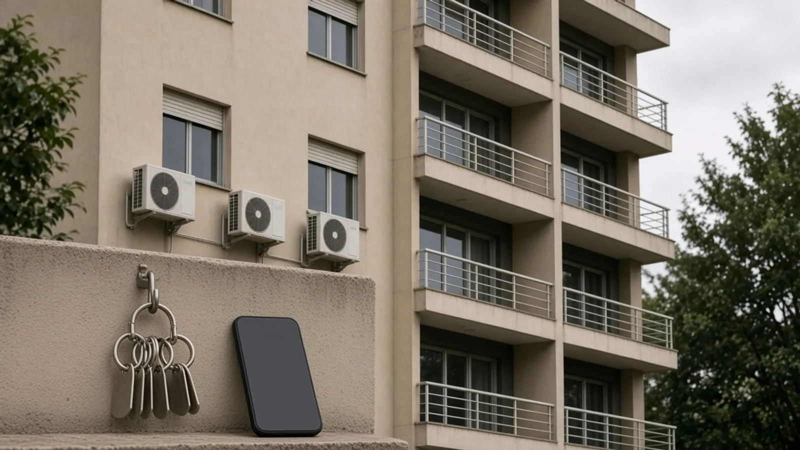 Vários chaveiros lisos e um celular virado para baixo