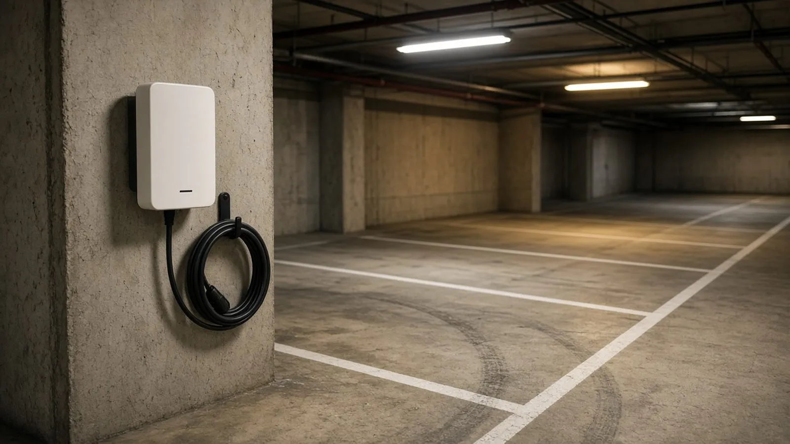 Garagem de condomínio com wallbox branco na parede e cabo enrolado