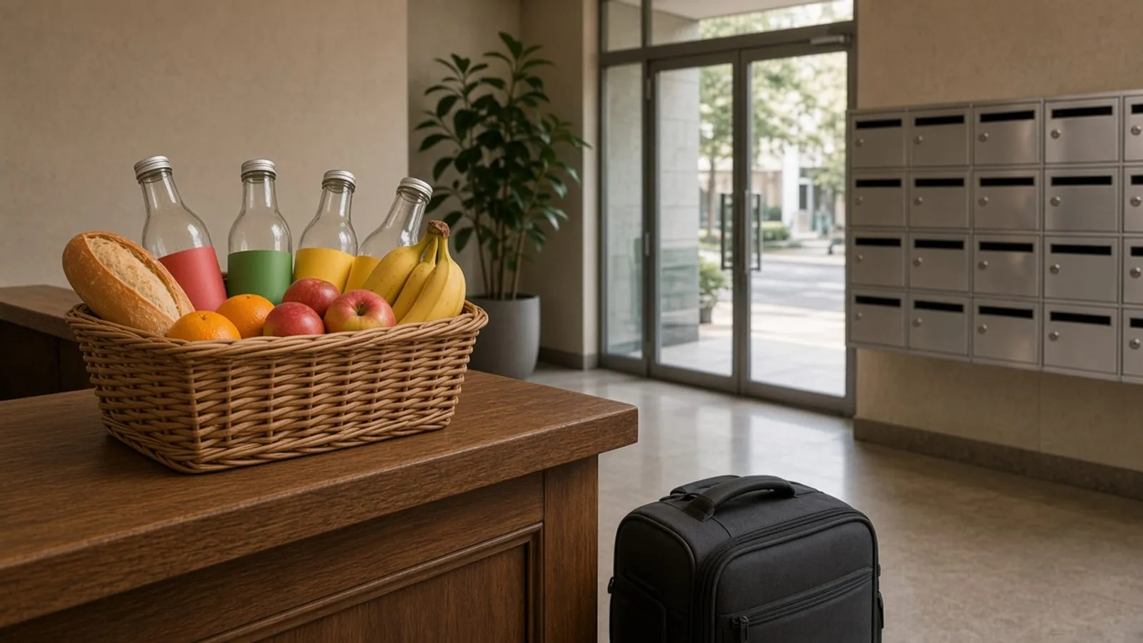 Cesta com pão, frutas e garrafas sem rótulo