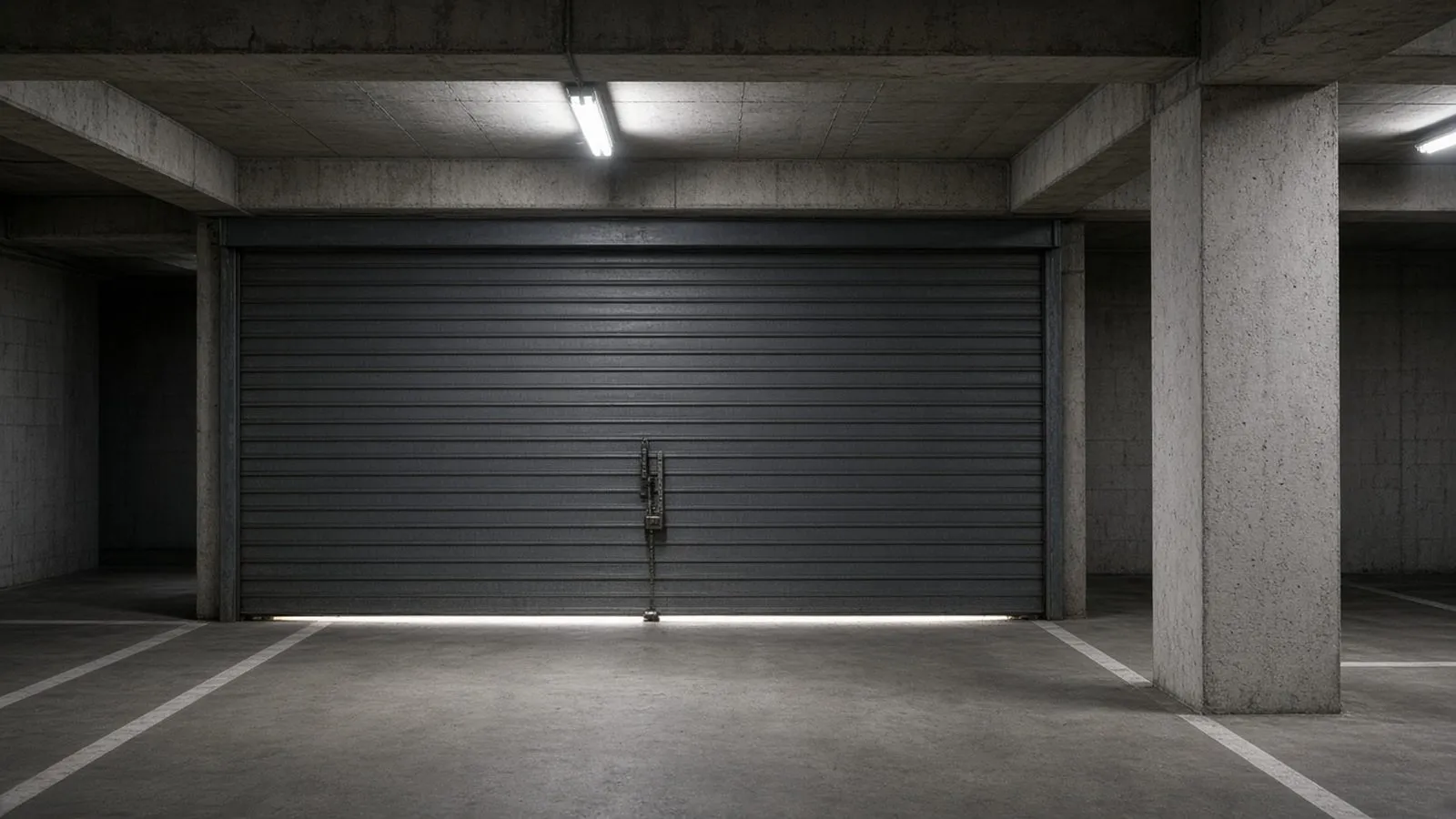 Portão de enrolar fechado no fundo de uma garagem vazia