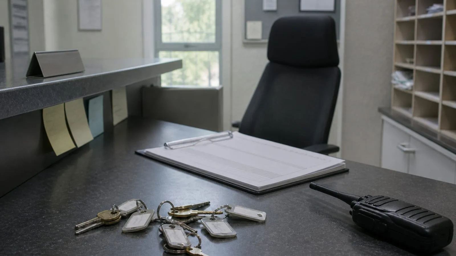 Cadeira vazia atrás da mesa da administração, com chaves e placa virada para baixo