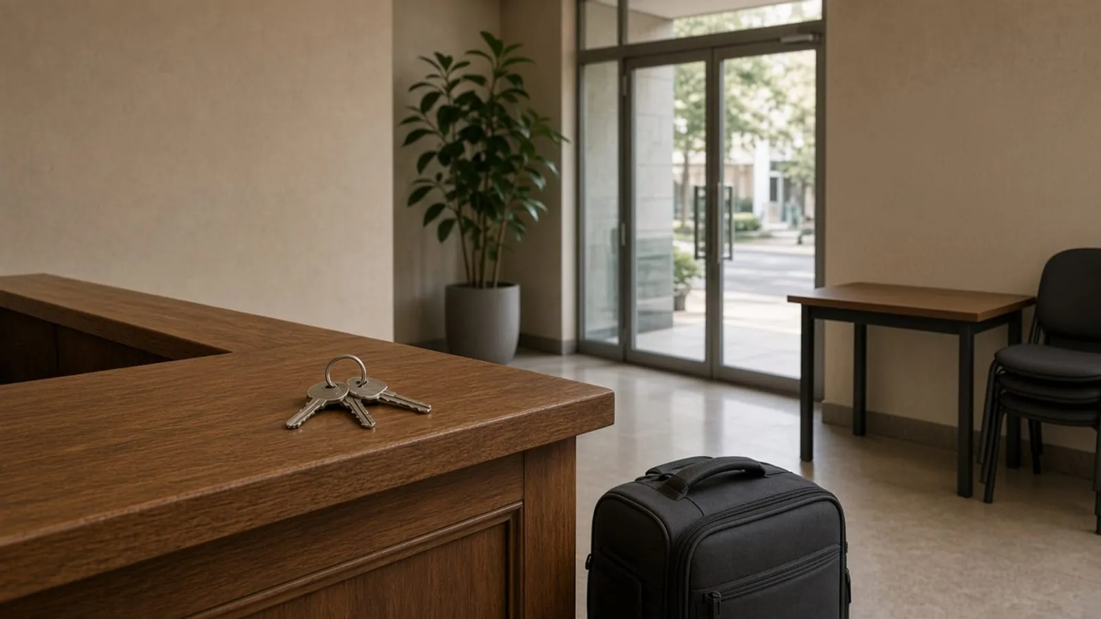 Salão com cadeiras empilhadas e uma mesa simples
