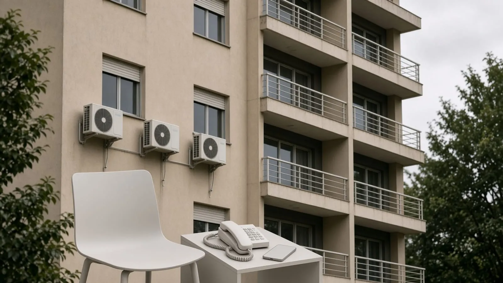 Cadeira da portaria, telefone no gancho e celular virado