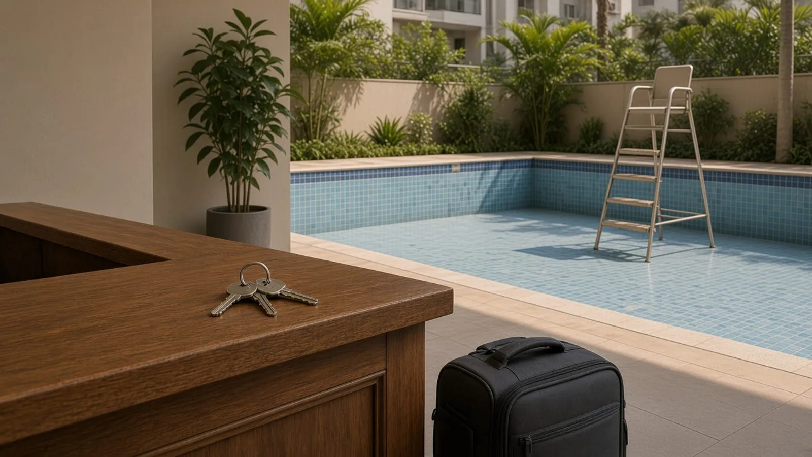 Piscina vazia e uma cadeira alta de guarda-vidas