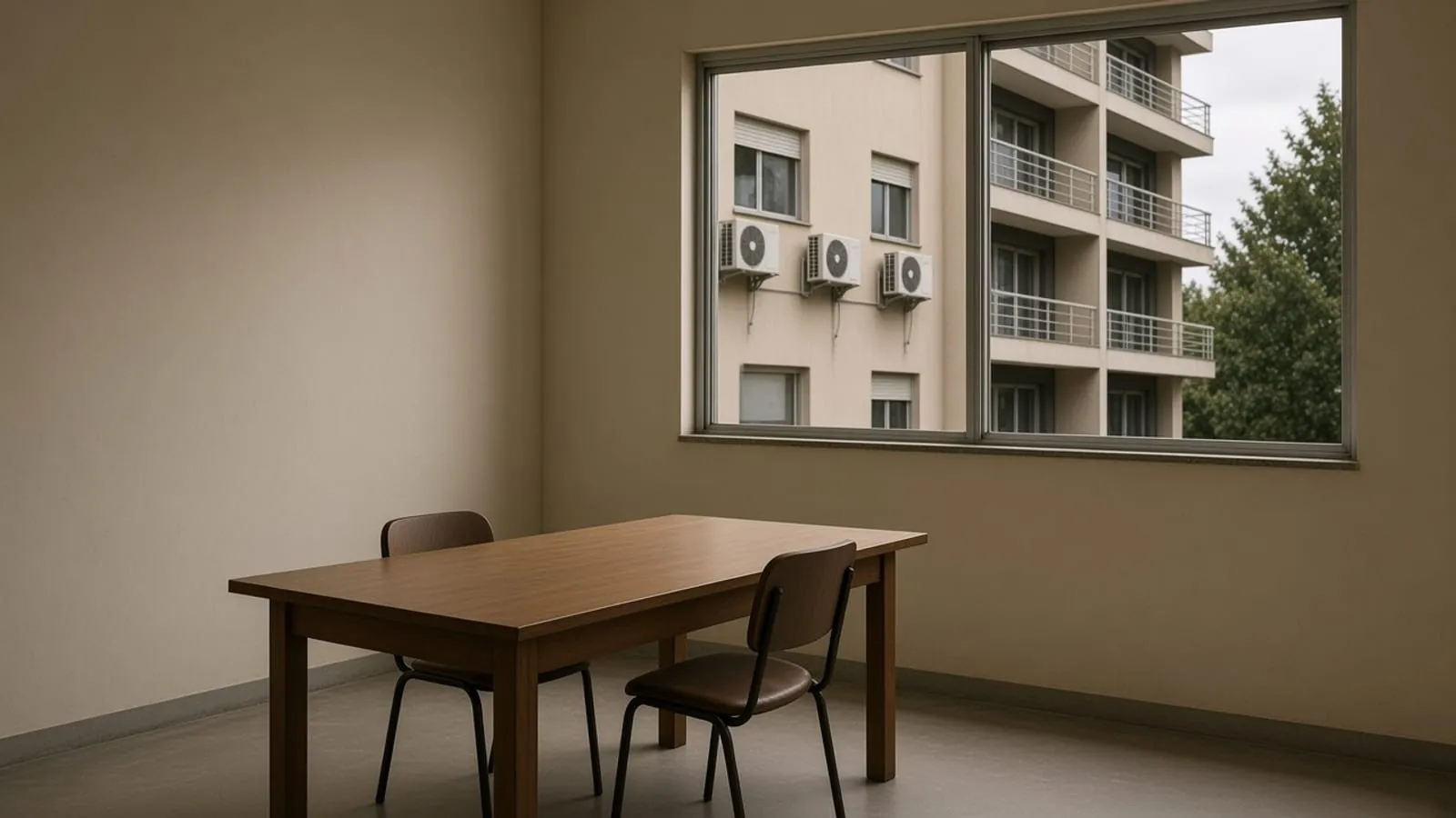 Sala de reunião vazia, com uma cadeira afastada da mesa