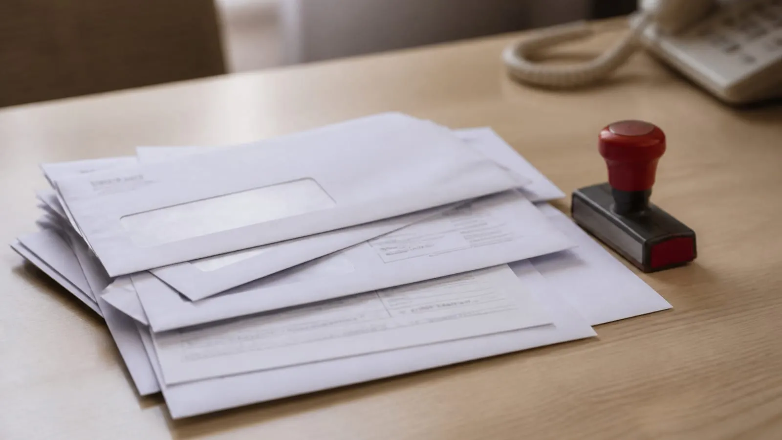 Pilha de envelopes de cobrança e um carimbo sobre a mesa