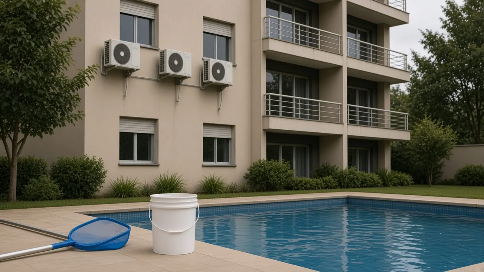 Piscina com peneira e um balde sem rótulo