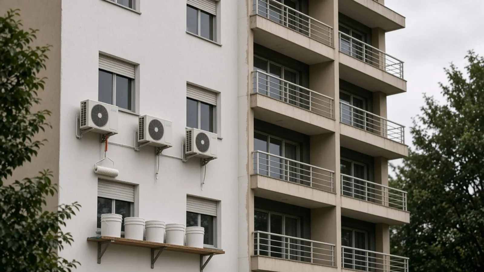 Rolo e baldes sem marca diante de uma fachada recém-pintada