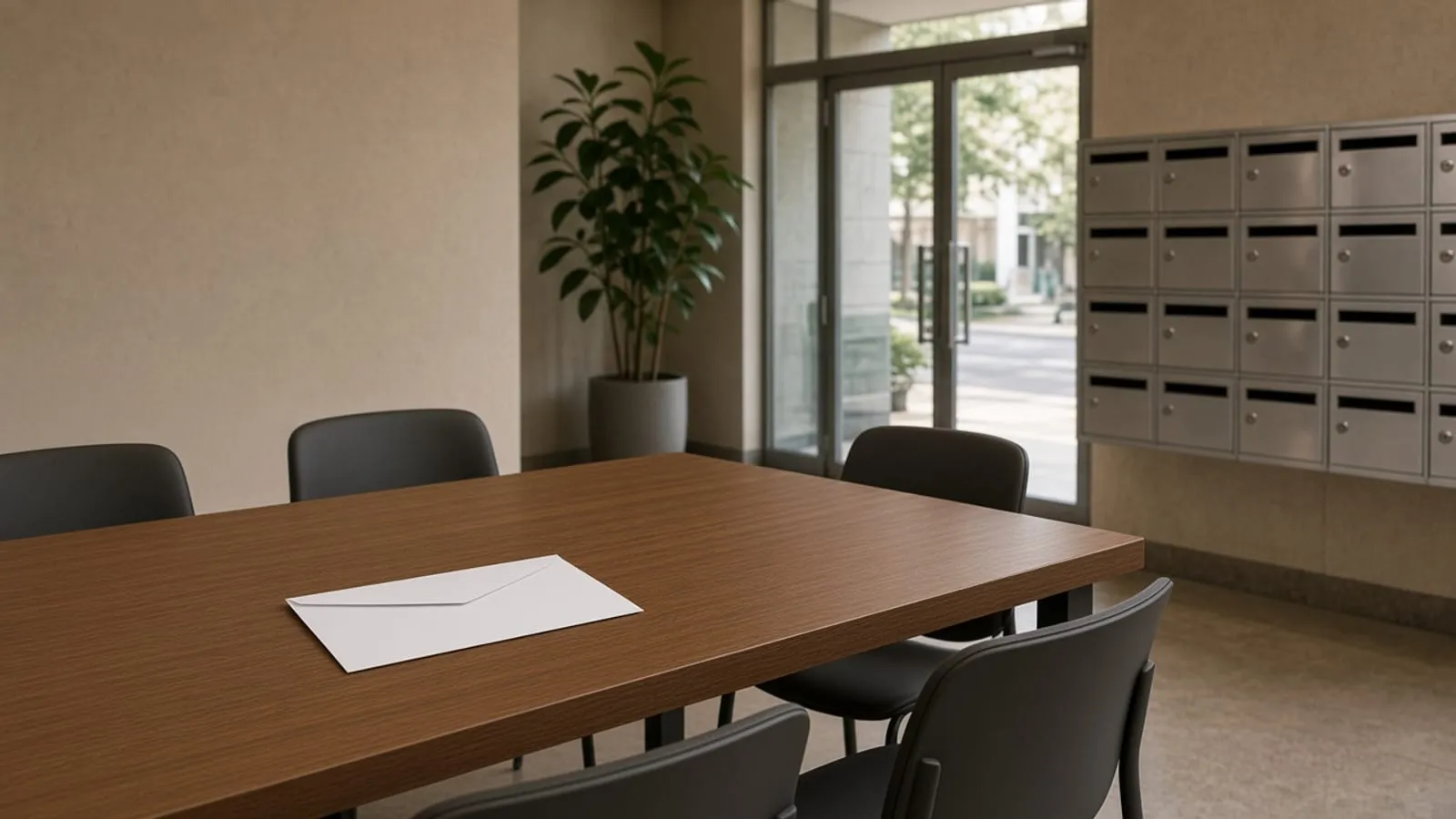 Envelope sem texto na mesa, com cadeiras vazias