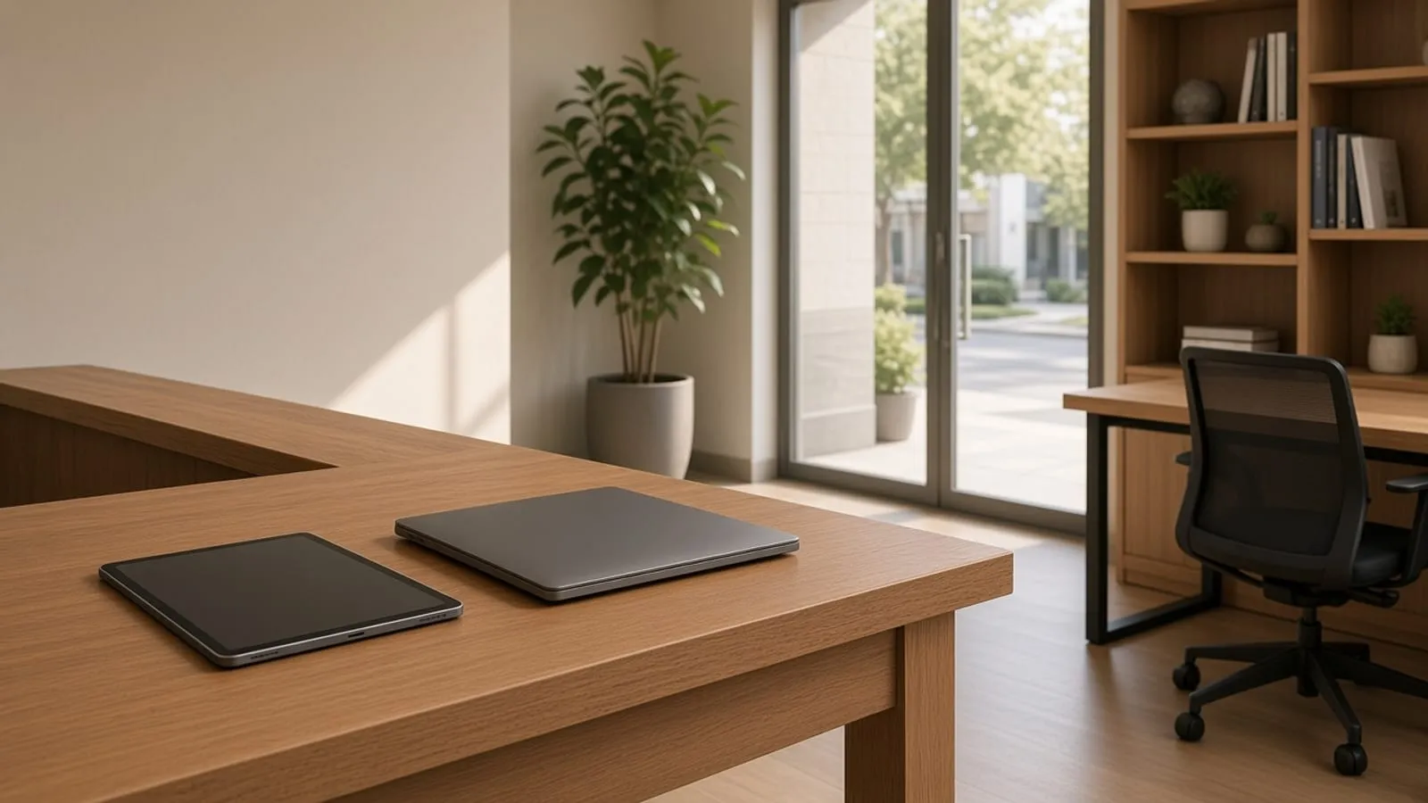 Tablet e notebook fechados numa mesa limpa