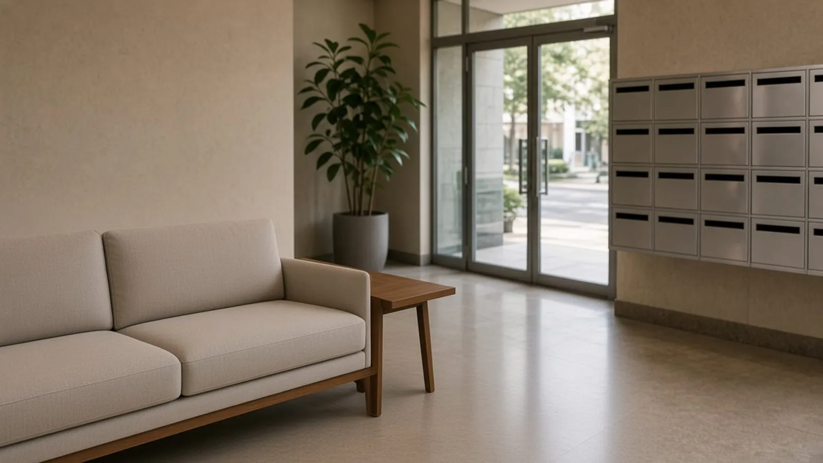 Sofá e mesa lateral no hall, sem ninguém