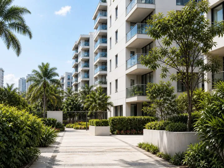 Área comum de um condomínio residencial, com calçada arborizada e prédios ao fundo